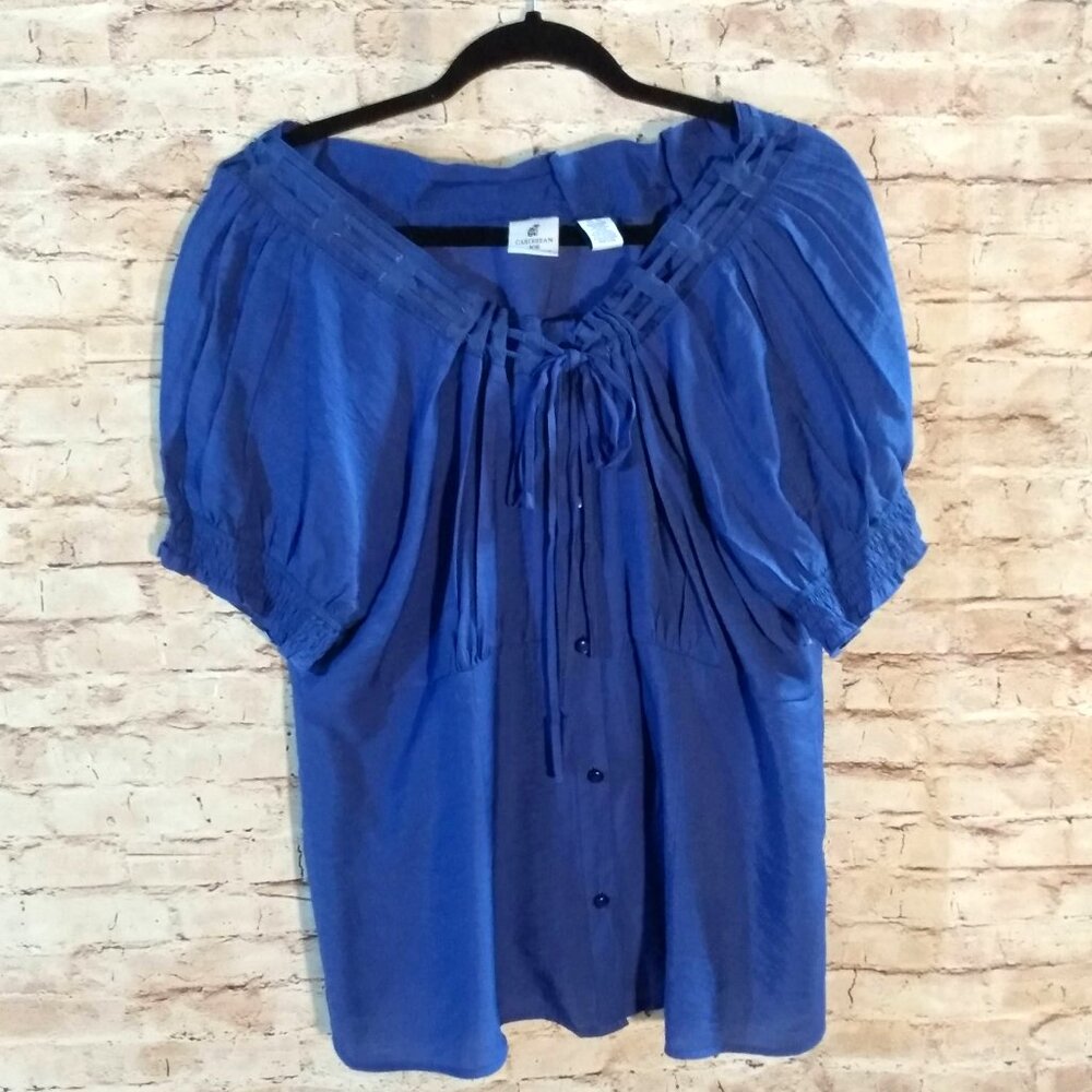 Caribbean Joe Lapis Blouse w/Gathered Neckline & Bow Size XL